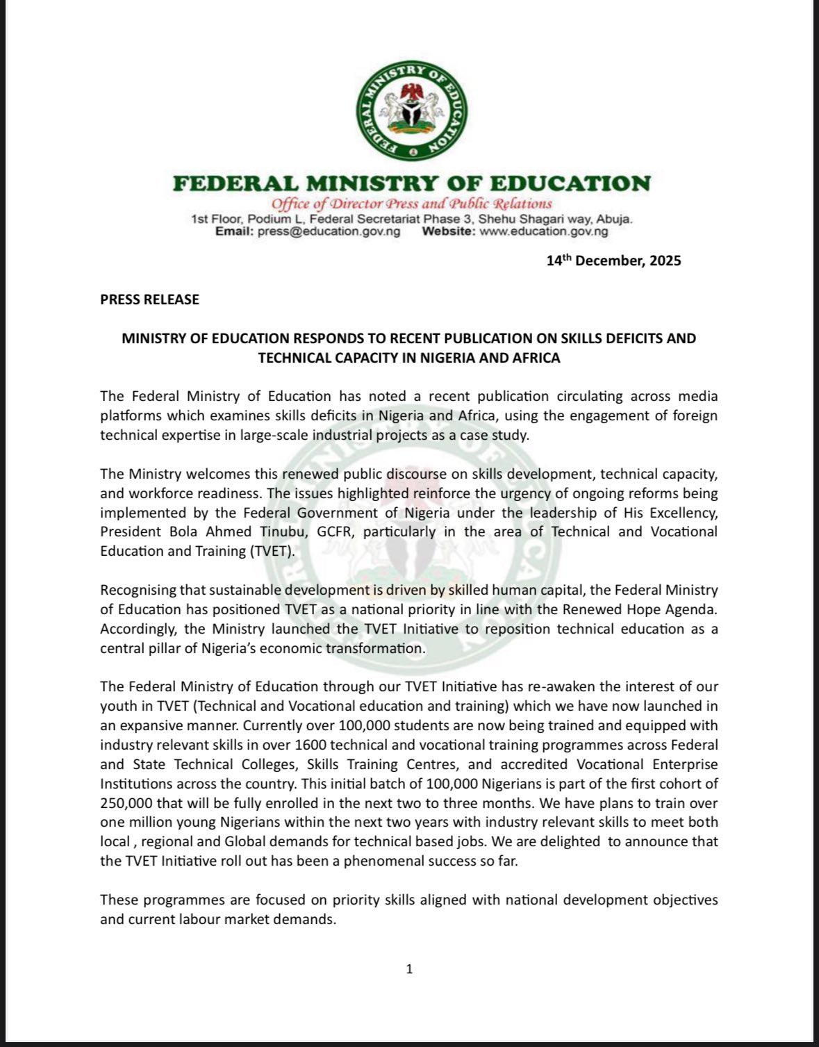 FG TVET Initiative - Major Update: 1 Million Nigerians To Be Trained
