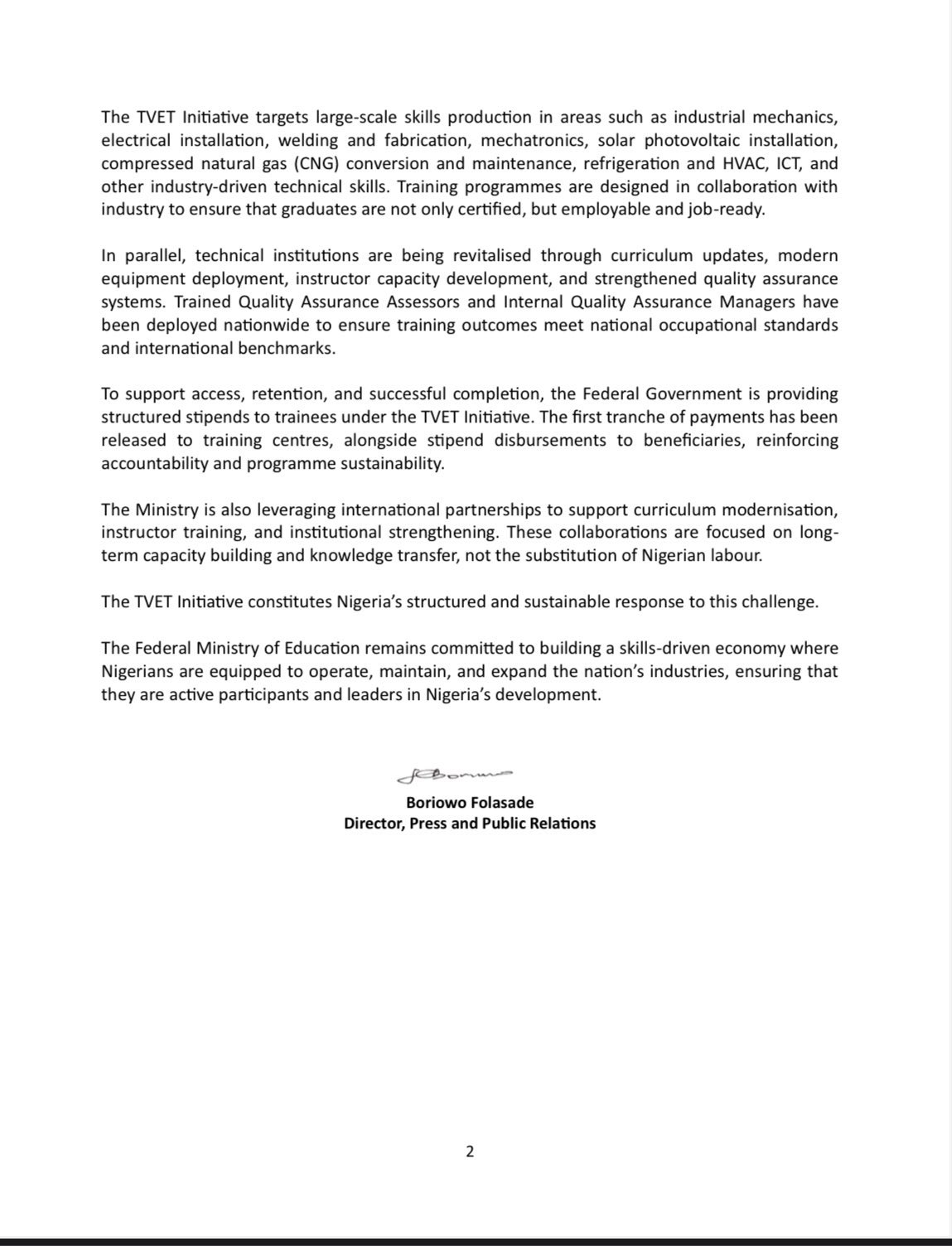 FG TVET Initiative - Major Update: 1 Million Nigerians To Be Trained