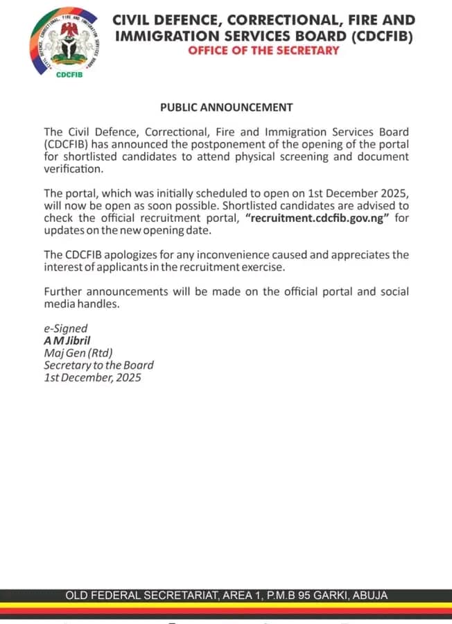 BREAKING: CDCFIB Postpones Physical Screening Portal Opening for Shortlisted Candidates
