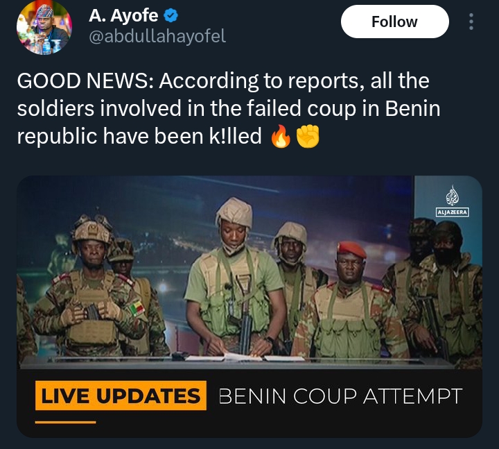 JUST-IN: Soldiers Linked to Failed Coup in Benin Republic Reportedly Neutralised