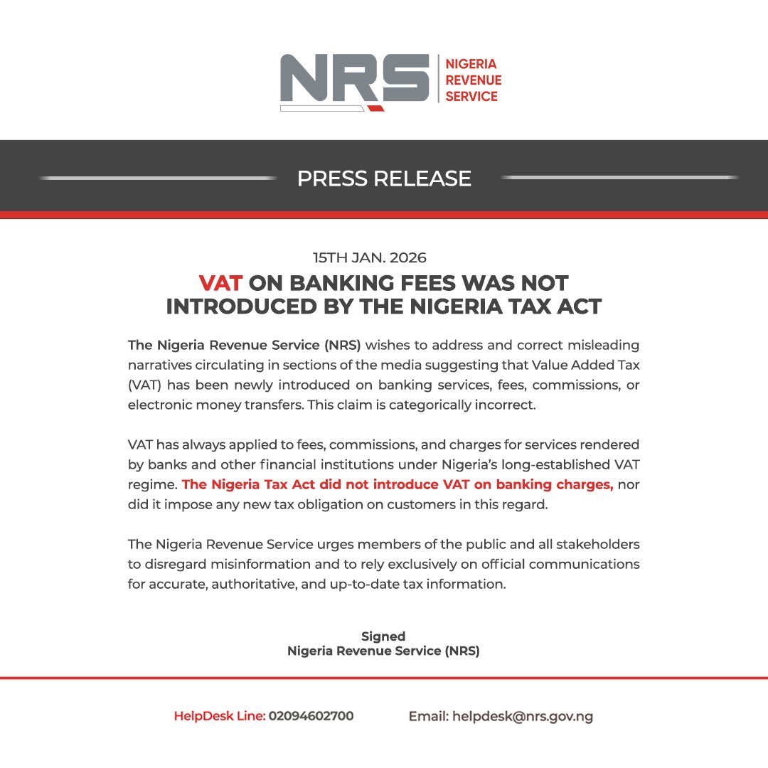 BREAKING: Nigeria Revenue Service (NRS) Debunks Claims of New VAT on Banking Fees