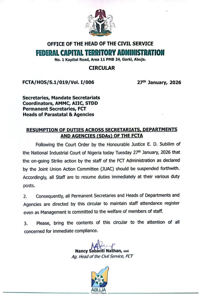 BREAKING: FCTA Directs Workers to Resume Duties After Court Suspends Strike
