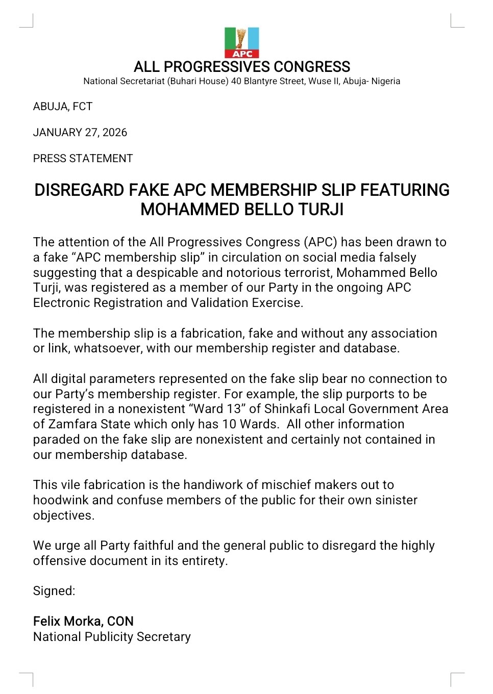 APC Disowns Fake Membership Slip Linking Terrorist Turji to Party