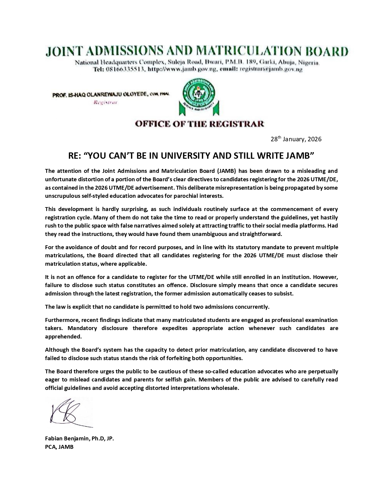 JAMB Clarifies: Students Can Write UTME While in School, Must Declare Status