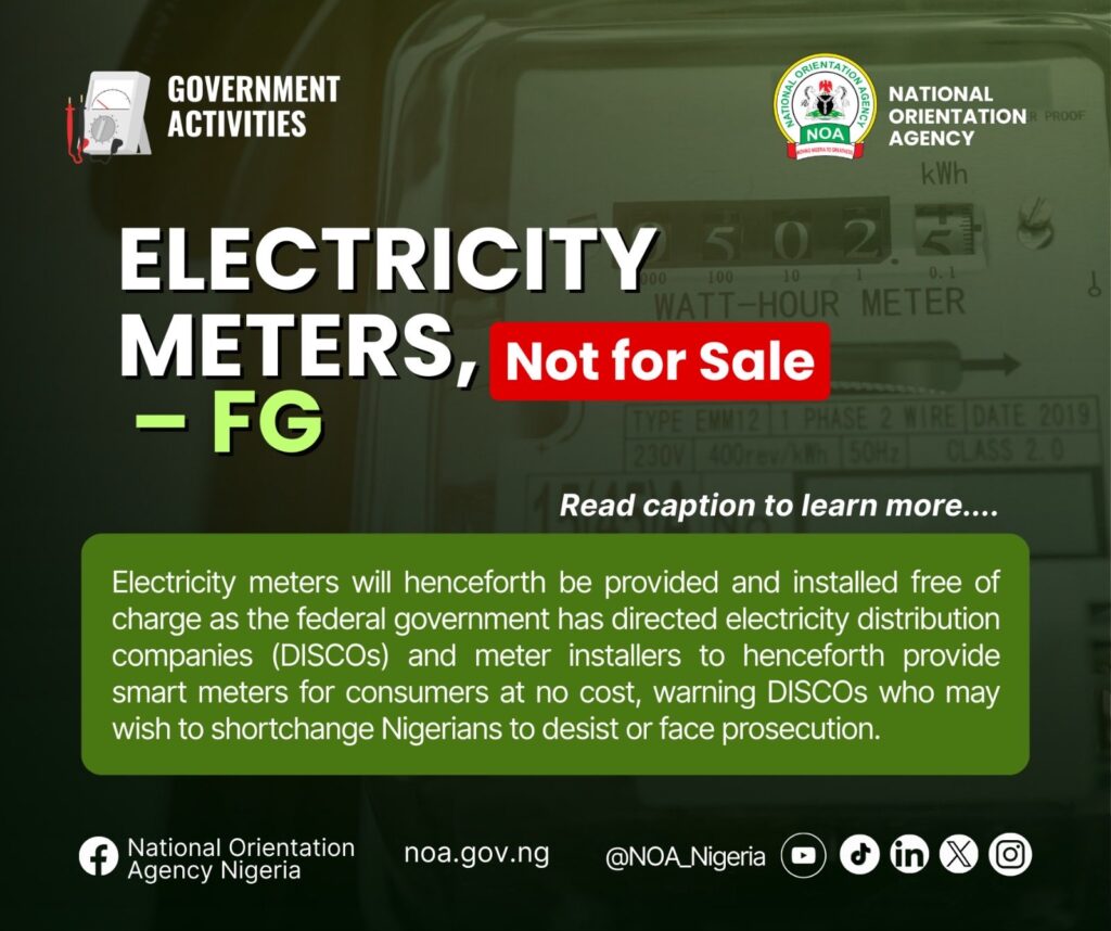 Electricity Meters Not for Sale: FG Orders DISCOs to Install Smart Meters Free, Warns of Prosecution