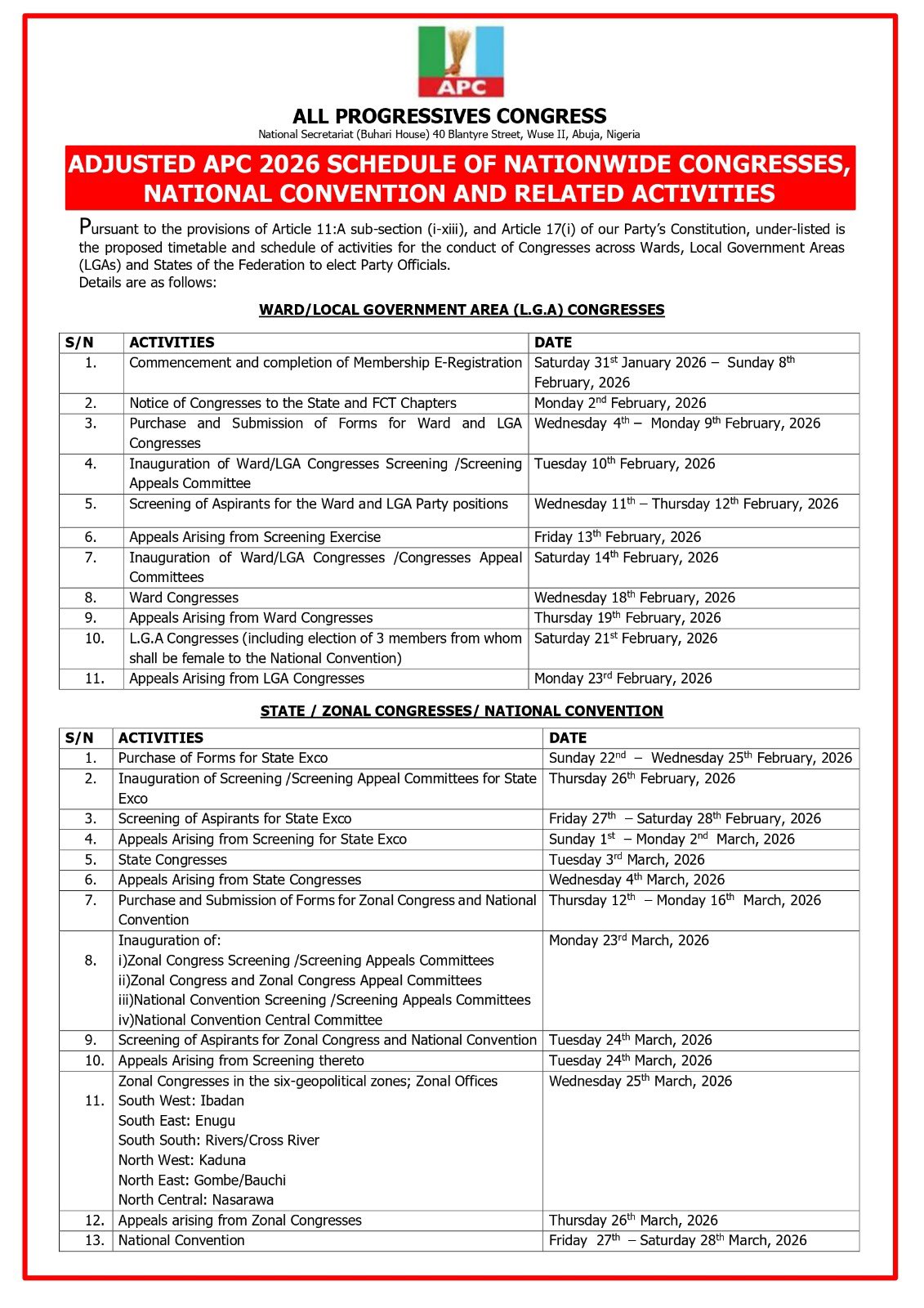 BREAKING: APC Sets Nomination Fees for 2026 Congresses and National Convention Positions