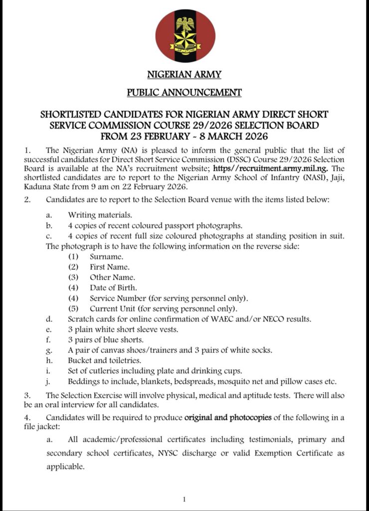 Nigerian Army Releases List of Shortlisted Candidates for DSSC Course 29/2026 Selection Board - Check Your Name.