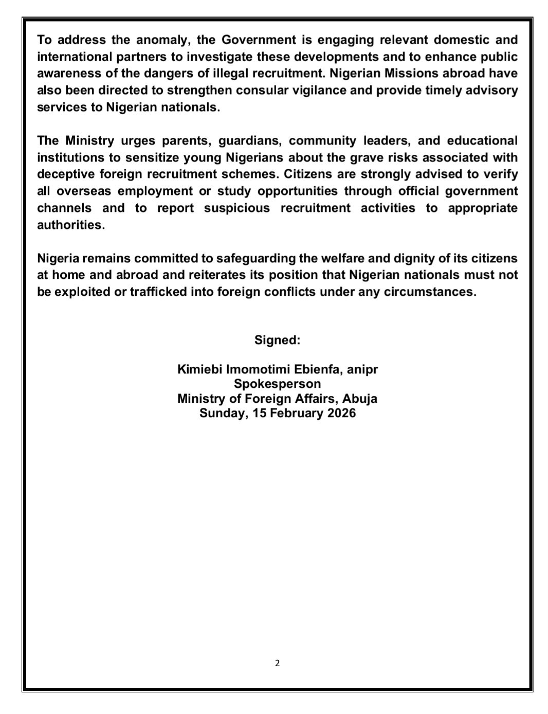 BREAKING: FG Raises Alarm Over Illegal Recruitment of Nigerians Into Foreign Wars