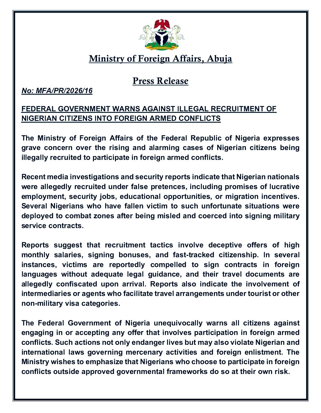 BREAKING: FG Raises Alarm Over Illegal Recruitment of Nigerians Into Foreign Wars