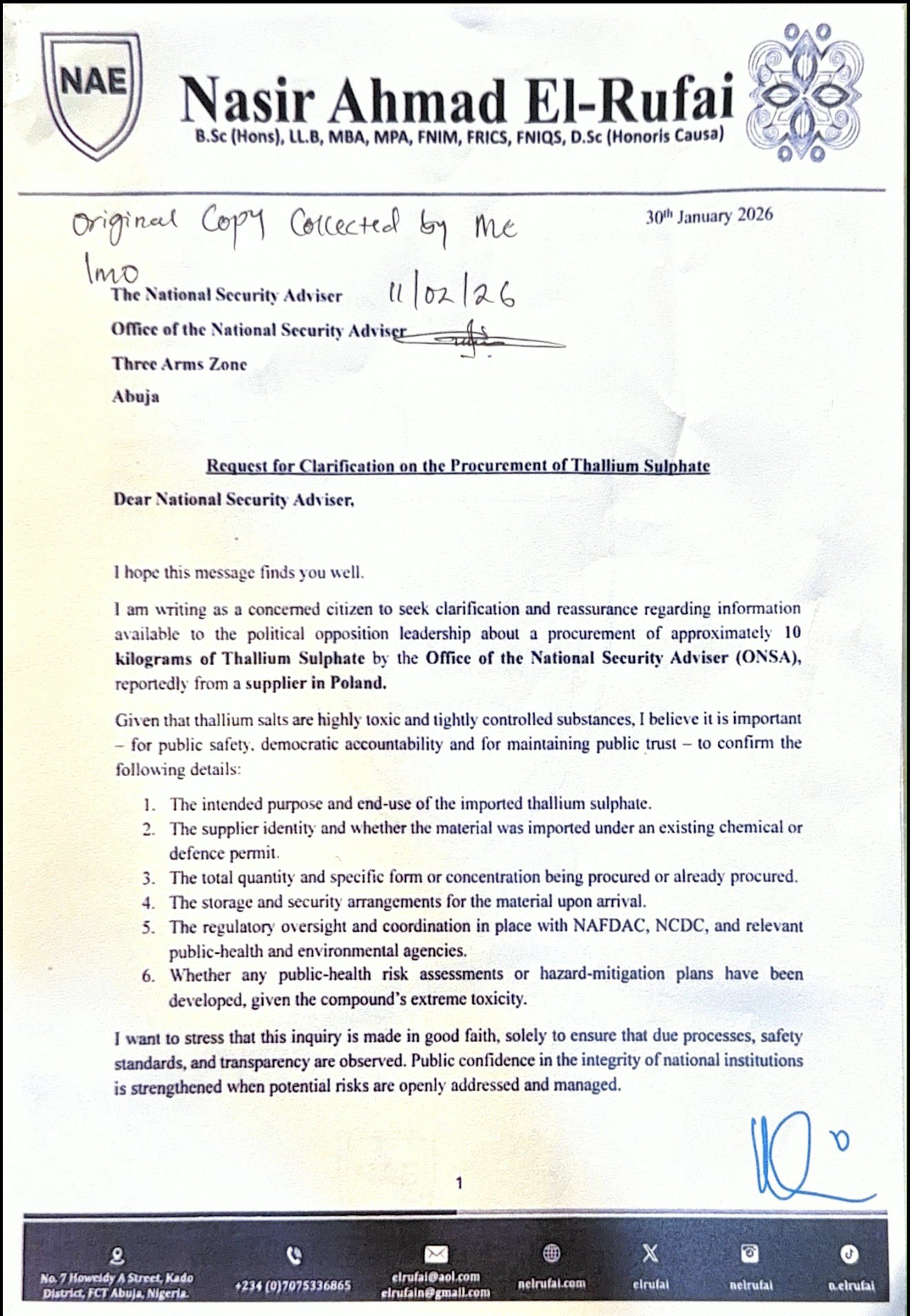 El-Rufai Write NSA Over Alleged Importation of Toxic Substance