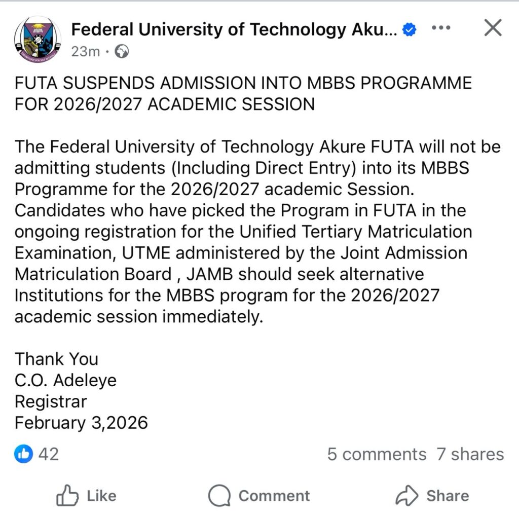 FUTA Suspends MBBS Admission for 2026/2027 Academic Session