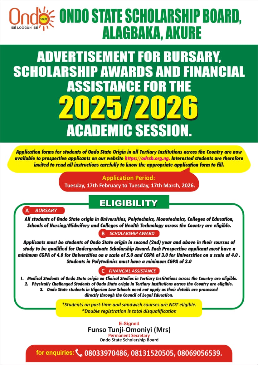 Ondo State Scholarship Board Opens 2025/2026 Bursary, Scholarship Applications - See How To Apply