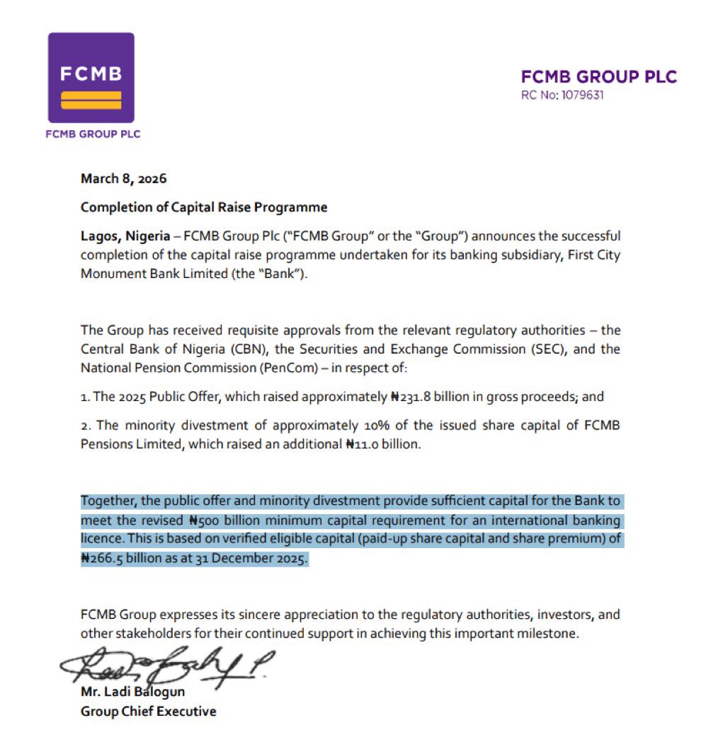 FCMB Completes Capital Raise, Secures Funds to Meet ₦500bn Banking Licence Requirement