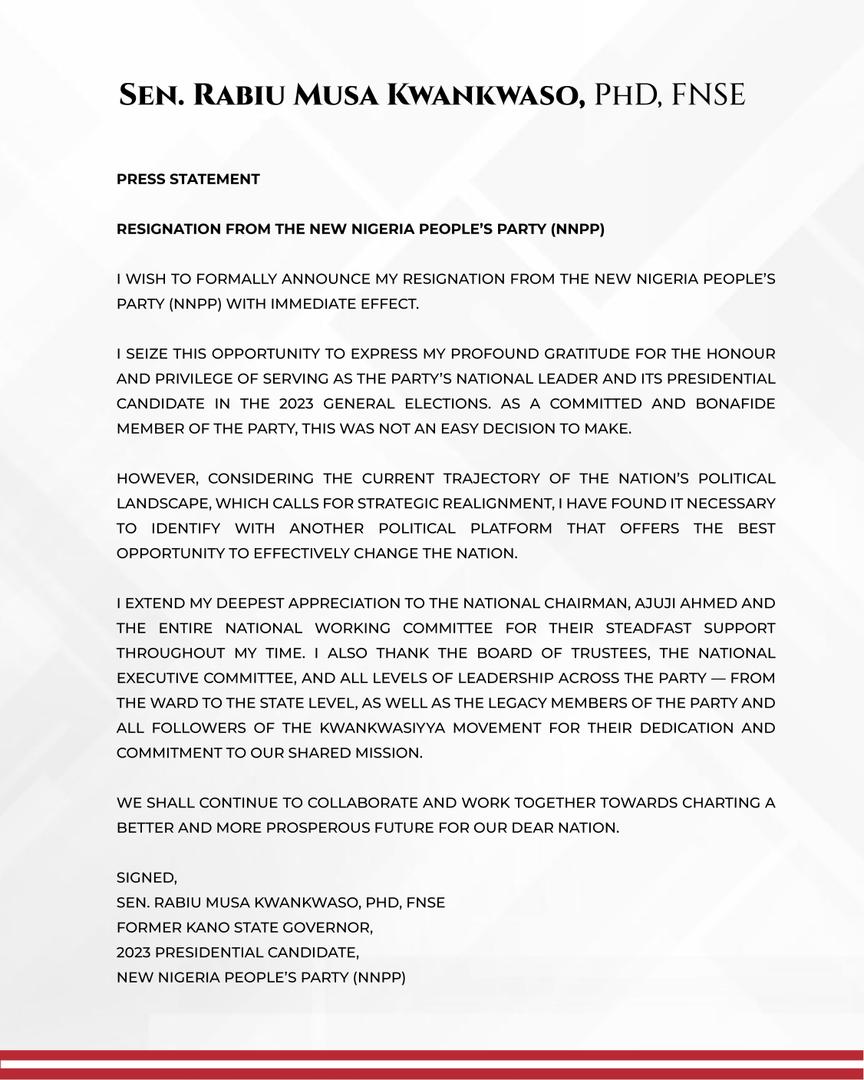 BREAKING: Kwankwaso Resigns from NNPP, Cites Political Realignment