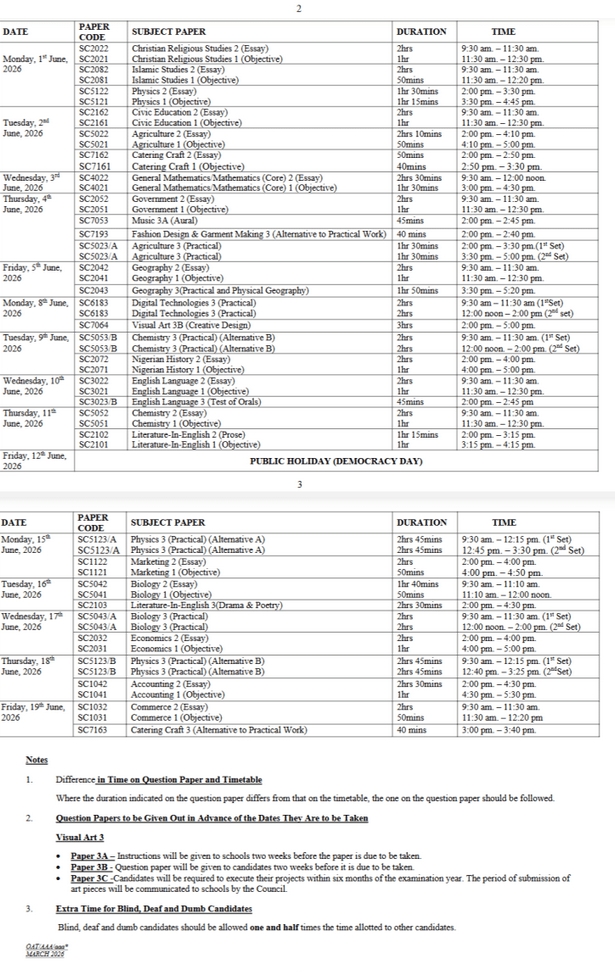 WAEC Releases 2026 WASSCE Timetable, Exams Begin April 21 - See Full Table