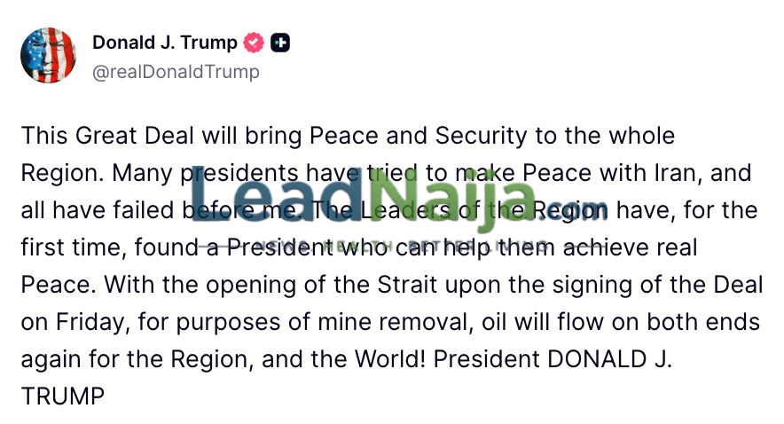 Trump Says Iran Deal Will Bring Peace, Predicts Reopening of Strait of Hormuz