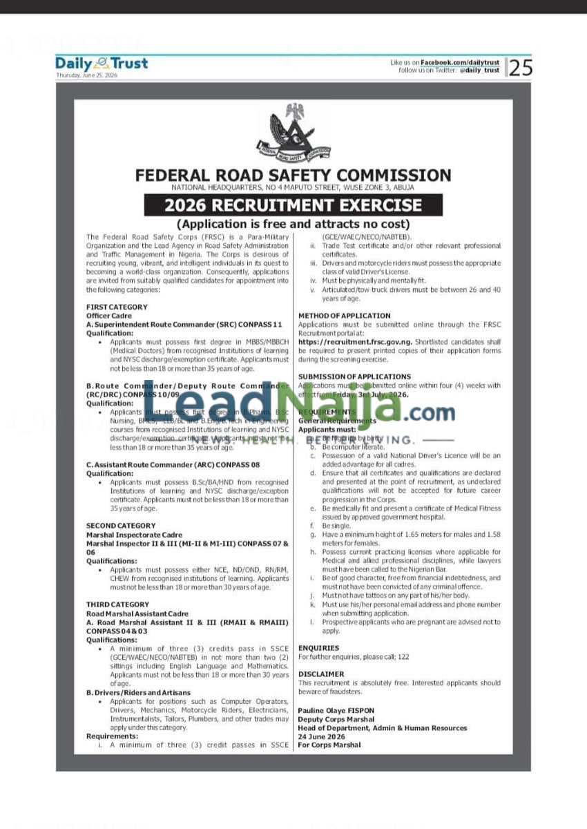 FRSC Recruitment 2026 Begins Nationwide; See How to Apply