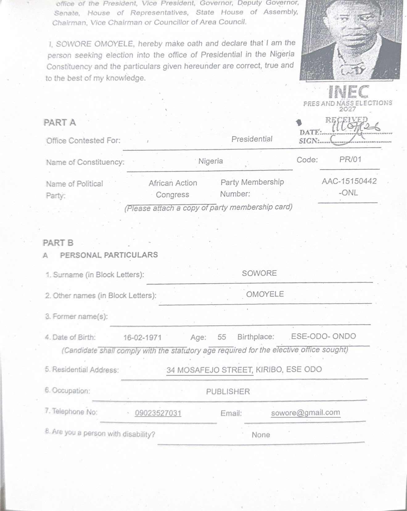 INEC Publishes Omoyele Sowore's Credentials, Personal Particulars for 2027 Presidential Election