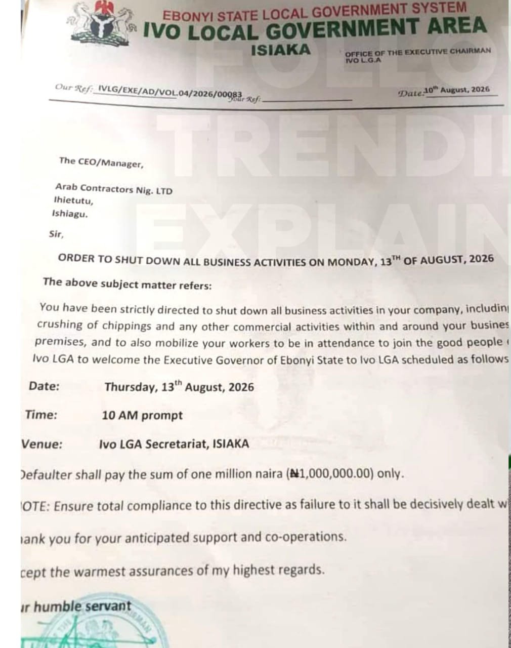 JUST IN: Ebonyi LG Orders Business to Shut Down for Governor’s Visit, Threatens ₦1m Fine