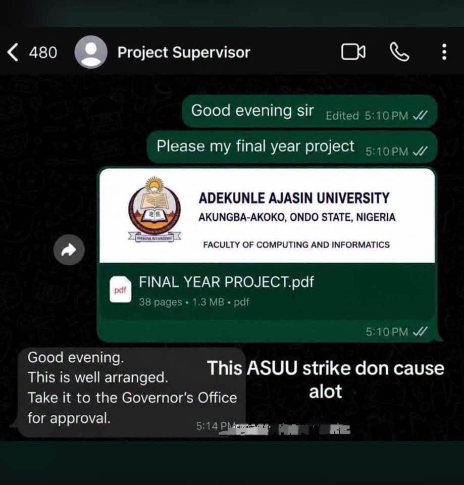 ASUU Strike: Project Supervisor Sends AAUA Student To Governor’s Office For Approval